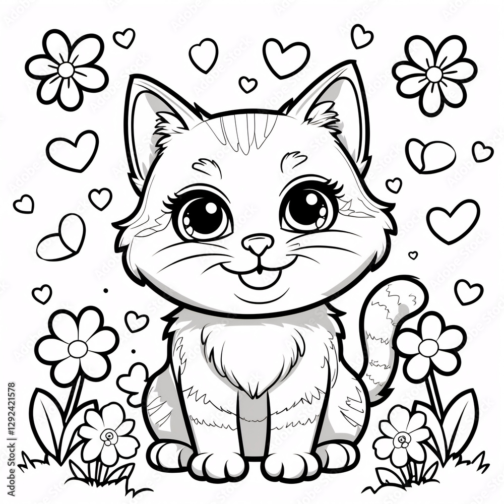 Whimsical Smiling Kitten Line Art for Fun Kids Book Covers and Colorful Creative Coloring Pages for Young Artists Drawing Illustration with Heart and Flowers Whimsical Smiling Kitten Line Art for Fun Kids Book Covers and Colorful Creative Coloring Pages for Young Artists Drawing Illustration with Heart and Flowers