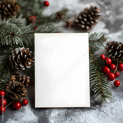 FLAT LAY an A5 portrait size greeting card mock up for etsy CHRISTMAS PINE NEEDLES FIR PINE CONES RED BERRIES clean WARM TONES white