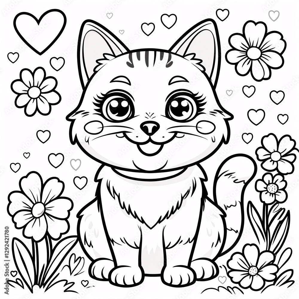 Fototapeta premium Adorable Kitten Line Art with Happy Face for Fun Kids Books and Creative Educational Coloring Pages for Young Children Drawing Illustration with Heart and Flowers