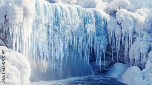 A serene winter scene featuring a frozen waterfall surrounded by ice formations and a tranquil blue stream.