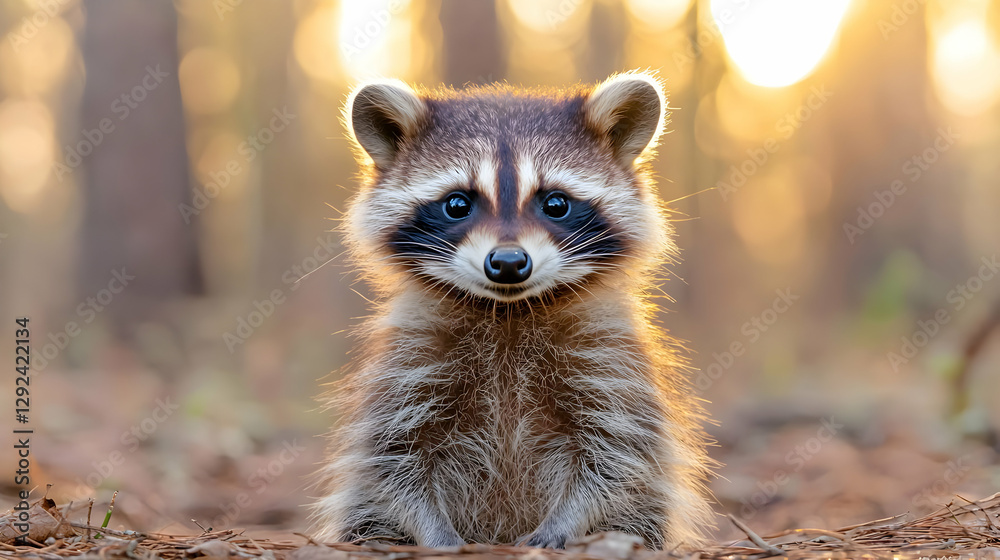 Fototapeta premium Baby raccoon sunset forest wildlife nature