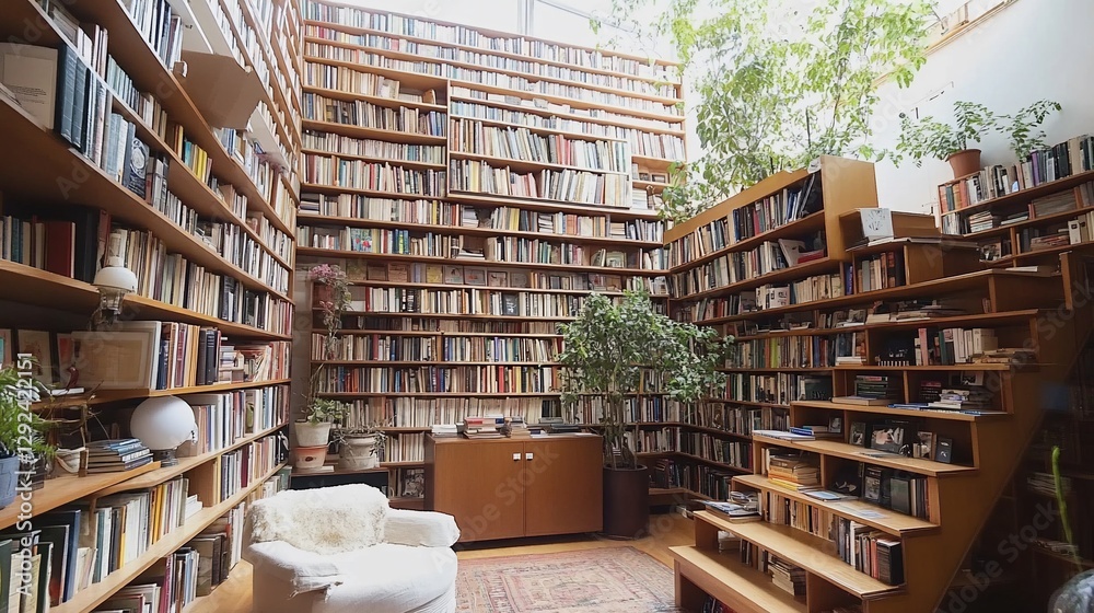 Obraz premium A Cozy Home Library with Floor to Ceiling Bookshelves and Natural Light