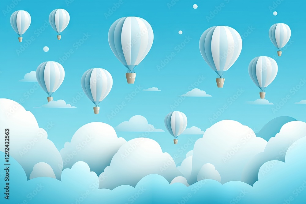 White hot air balloons floating in bright blue sky above fluffy clouds. Dreamy summer landscape with multiple balloons. Romantic adventure travel concept with copy space White hot air balloons floating in bright blue sky above fluffy clouds. Dreamy summer landscape with multiple balloons. Romantic adventure travel concept with copy space