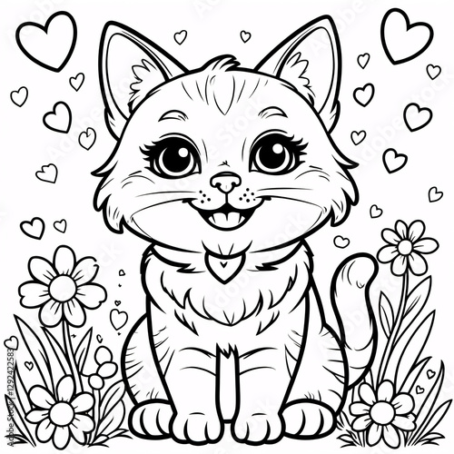 Cheerful Smiling Cat Line Art Drawing for Kids Books and Fun Educational Coloring Pages for Creative Exploration by Young Artists Drawing Illustration with Heart and Flowers