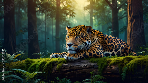Jaguar is sleeping in the forest colorful illustration