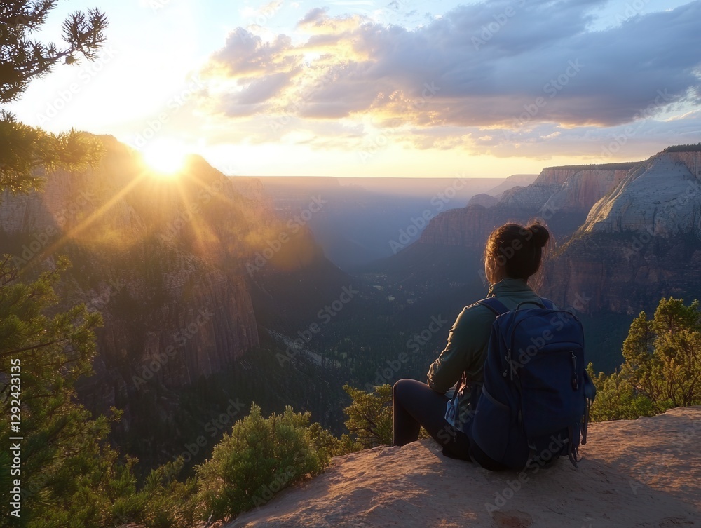 Fototapeta premium Solo traveler absorbs breathtaking sunset views over majestic mountains and valleys in a tranquil moment of reflection. Generative AI