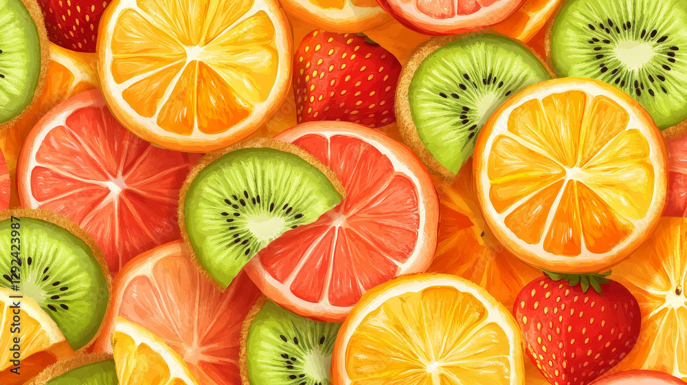 Textures of orange, kiwi and strawberry slices. Seamless patterns with tropical fruit pieces. Vector bright backgrounds of cut ripe tropic fruit for game design Textures of orange, kiwi and strawberry slices. Seamless patterns with tropical fruit pieces. Vector bright backgrounds of cut ripe tropic fruit for game design