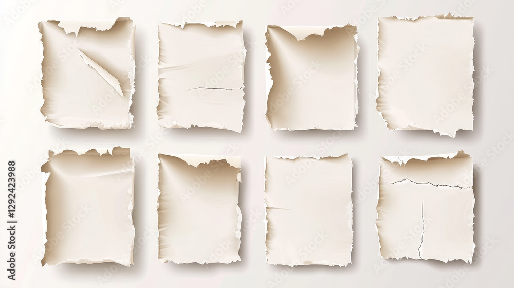 Fototapeta premium Strips and pieces of torn paper - realistic vector illustration set of notepad sheets with ripped edges effect. Blank square and rectangular scraps with ragged and broken borders, cut cardboard.