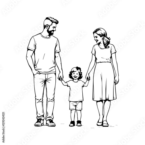 Happy family in continuous line art drawing style. Front view of parents with their little kid holding hands and walking together black linear sketch isolated on white background. Vector illustration