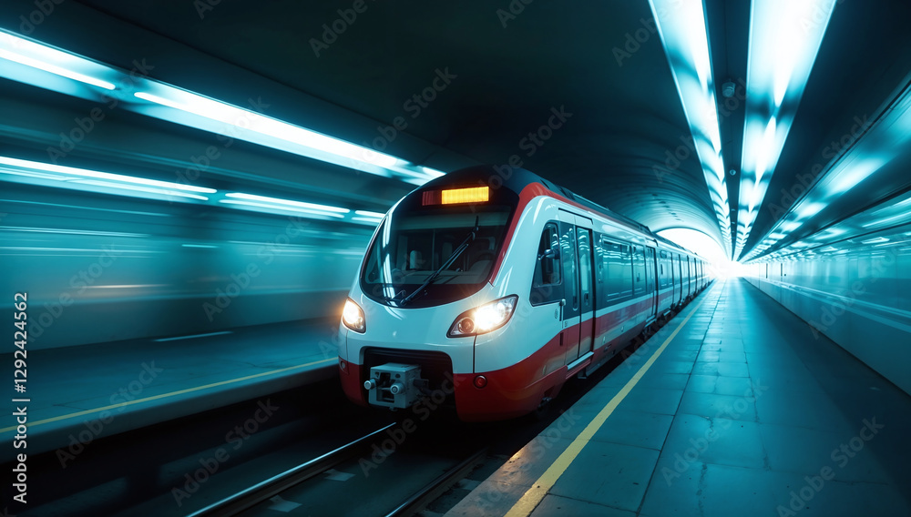 Fototapeta premium High-speed train in motion, blur of high-speed train in blue-lit tunnel showcasing modern transportation and technological advancement