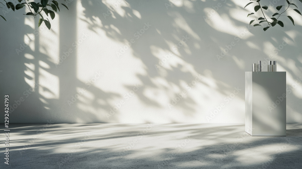 White studio with leaves shadow and sun light background. 3d gray room with sunlight and leaf nature overlay bg. Concrete floor stand scene mockup. Beauty and cosmetic display on surface texture White studio with leaves shadow and sun light background. 3d gray room with sunlight and leaf nature overlay bg. Concrete floor stand scene mockup. Beauty and cosmetic display on surface texture