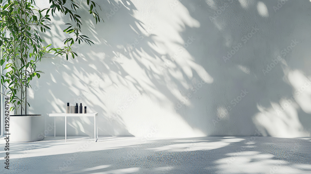 White studio with leaves shadow and sun light background. 3d gray room with sunlight and leaf nature overlay bg. Concrete floor stand scene mockup. Beauty and cosmetic display on surface texture White studio with leaves shadow and sun light background. 3d gray room with sunlight and leaf nature overlay bg. Concrete floor stand scene mockup. Beauty and cosmetic display on surface texture
