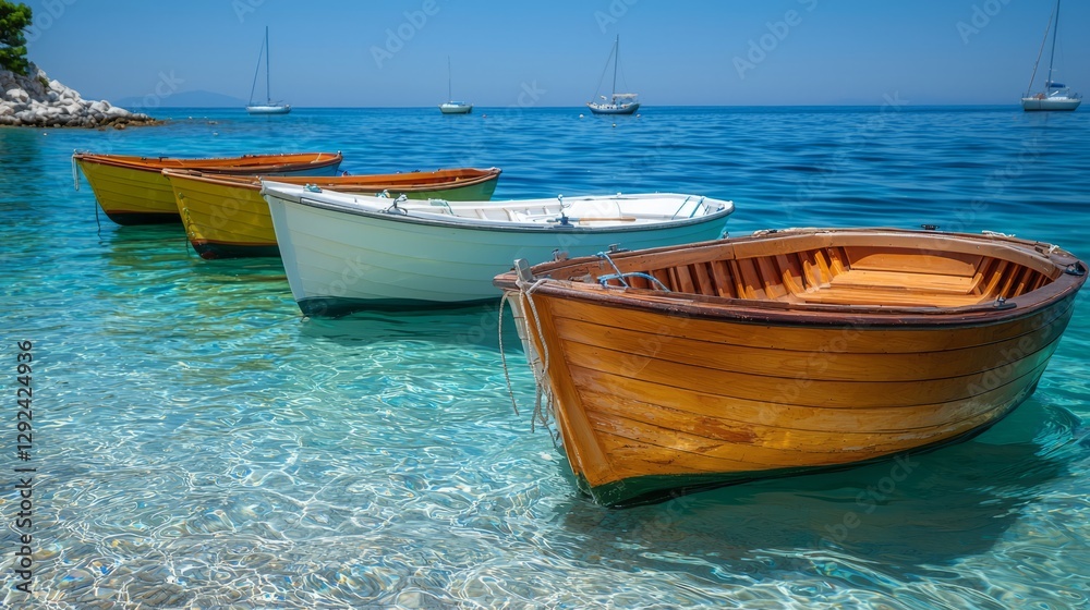 Naklejka premium Colorful Boats Floating on Calm Blue Water