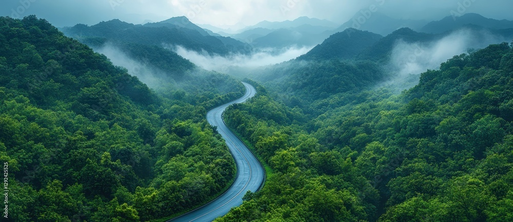Aerial View of a Winding Road through Lush Green Mountains and Dense Jungle Aerial View of a Winding Road through Lush Green Mountains and Dense Jungle