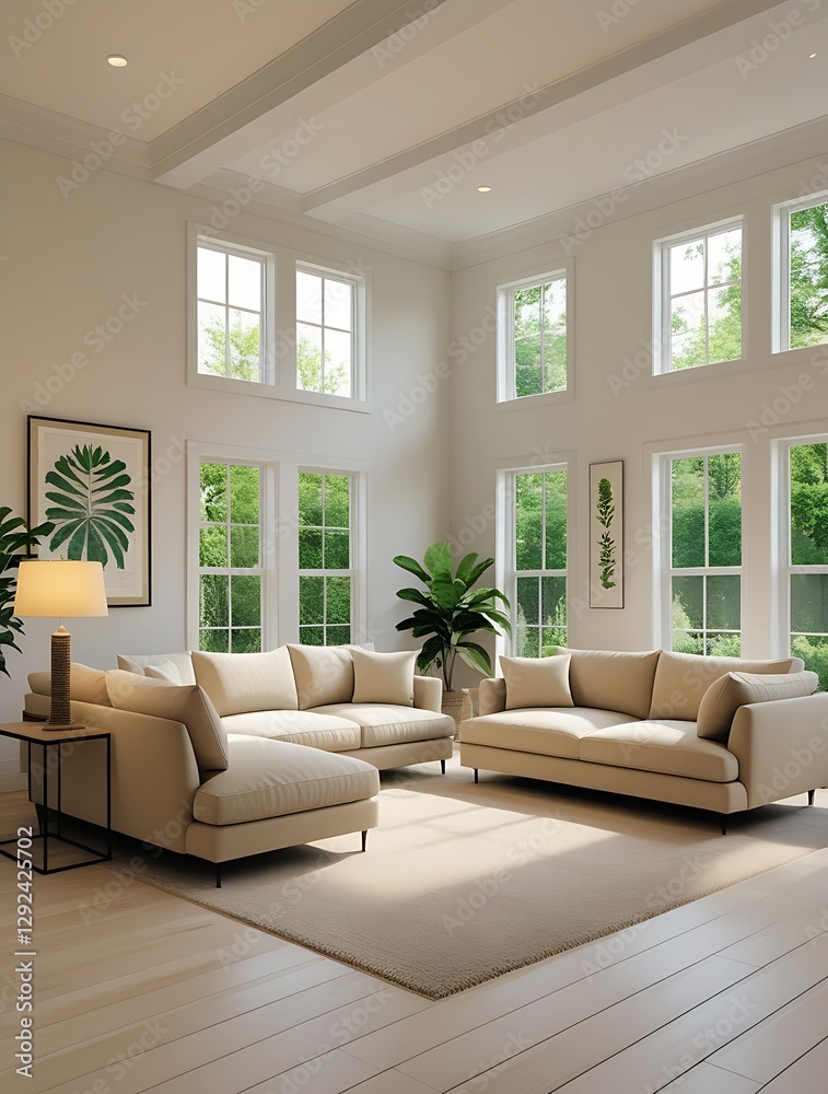 Fototapeta premium Elegant modern living room with natural light, cozy beige furniture, green plants, and large windows overlooking a lush garden, creating a serene and stylish home interior 