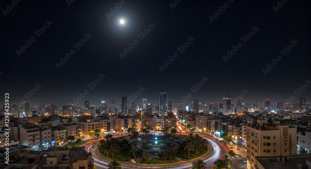 Fototapeta premium Cityscape Nocturne Under a Stellar Sky