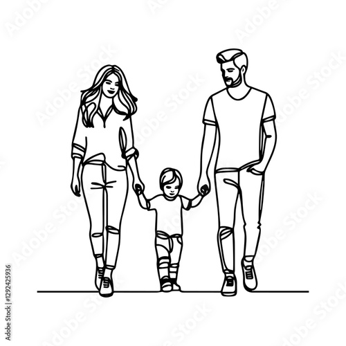 Happy family in continuous line art drawing style. Front view of parents with their little kid holding hands and walking together black linear sketch isolated on white background. Vector illustration