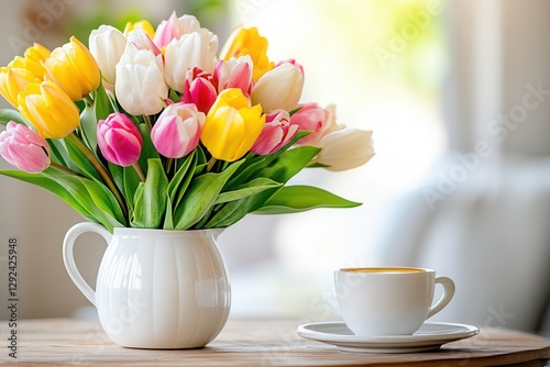 Wallpaper Mural Vibrant tulip bouquet brightening a cozy cafe corner on a sunny morning. Generative AI Torontodigital.ca