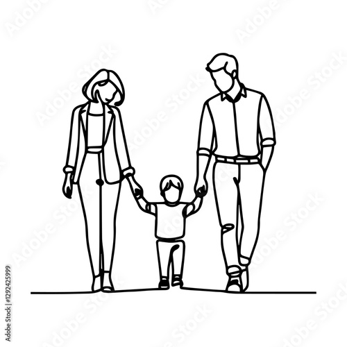 Happy family in continuous line art drawing style. Front view of parents with their little kid holding hands and walking together black linear sketch isolated on white background. Vector illustration