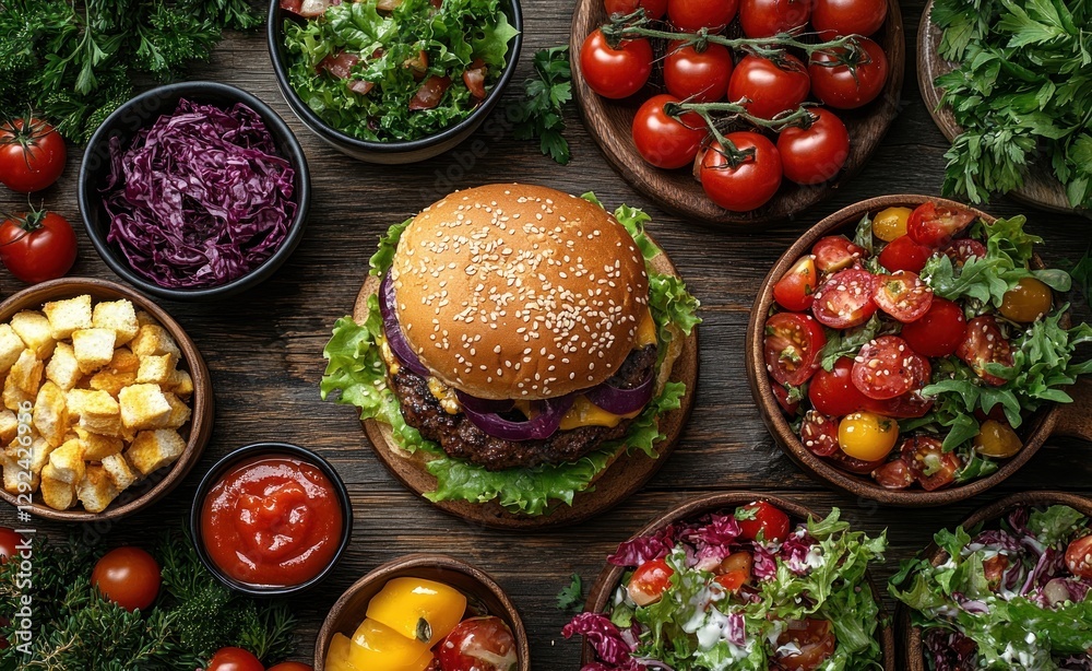 Summer Picnic Food Overhead View with Juicy Hamburgers Hot Dogs Colorful Salads and Snacks on Rustic Wooden Table Summer Picnic Food Overhead View with Juicy Hamburgers Hot Dogs Colorful Salads and Snacks on Rustic Wooden Table