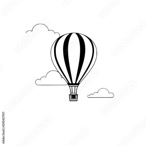 Black and white vector illustration of a hot air balloon floating among three outlined clouds, in minimalist style.
