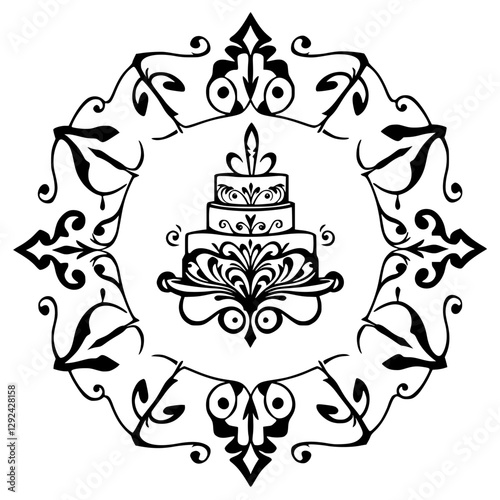 Black and white stylized wedding cake with decorative, ornamented frame.