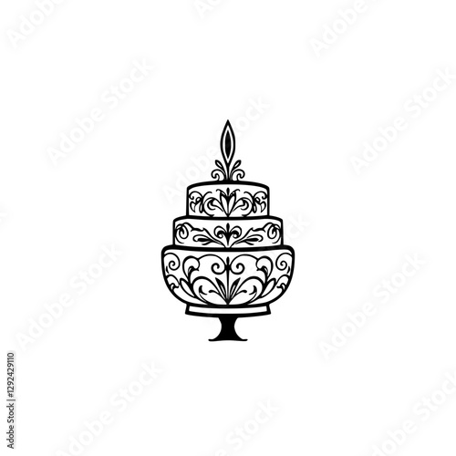 Three-tiered wedding cake illustration with elegant ornaments.