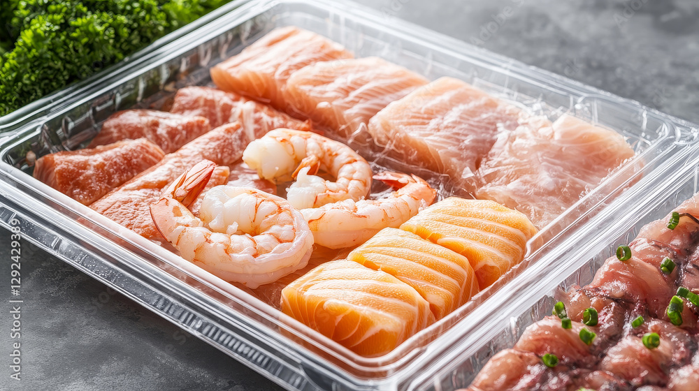 Frozen seafood Plastic package. Salmon sea fish and shrimp on tray pack for grocery market. Freezer container wrap for prawn and octopus. Cold marine dish storage bag for fridge isolated asset kit Frozen seafood Plastic package. Salmon sea fish and shrimp on tray pack for grocery market. Freezer container wrap for prawn and octopus. Cold marine dish storage bag for fridge isolated asset kit
