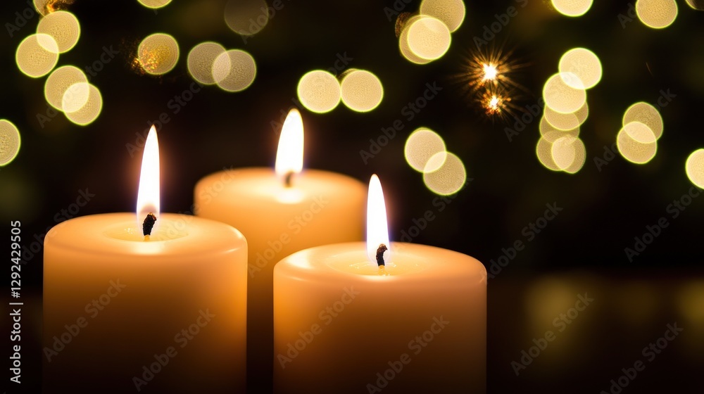 Three candles glow, bokeh lights Three candles glow, bokeh lights