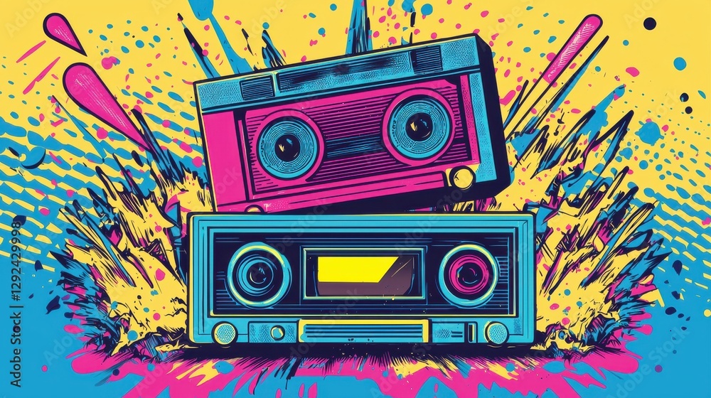 Fototapeta premium Vintage cassette tapes burst with colors and energy in a bold artistic design inspired by retro music culture