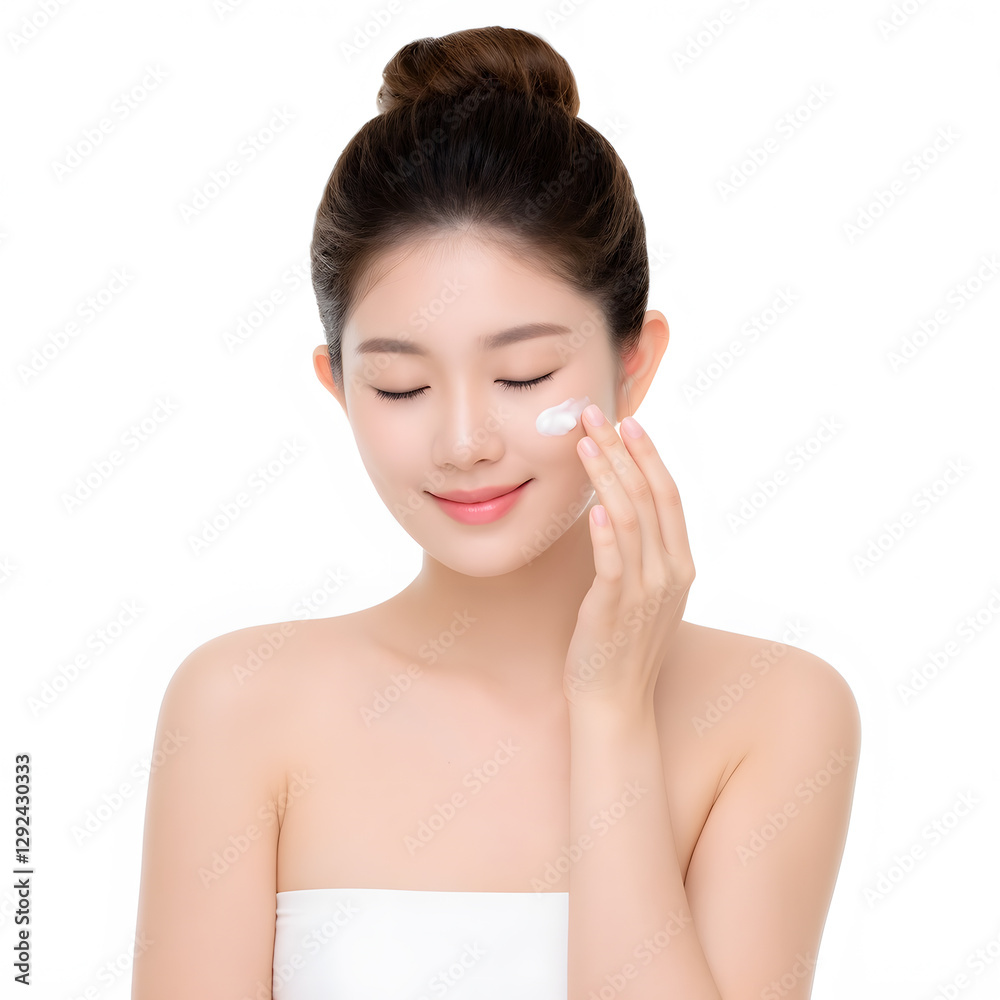 A young woman applying skincare products, showcasing a beauty and self-care routine for healthy, glowing skin. A young woman applying skincare products, showcasing a beauty and self-care routine for healthy, glowing skin.