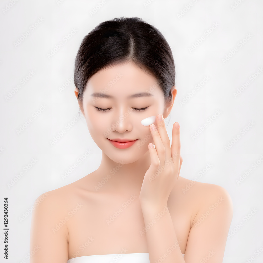 A young woman applying skincare products, showcasing a beauty and self-care routine for healthy, glowing skin. A young woman applying skincare products, showcasing a beauty and self-care routine for healthy, glowing skin.