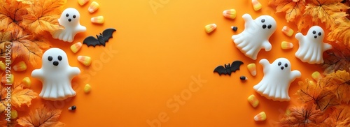 Halloween Candy Corn Ghosts Bats Festive Border Arrangement with Orange Background and Copy Space