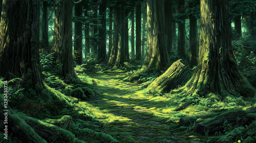 Obraz premium Enchanted Forest Path with Sunlight 