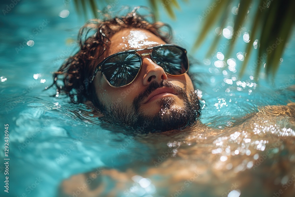 Fototapeta premium Relaxing Winter Vacation Poolside Leisure for Young Man Using Mobile Phone in Bali Resort