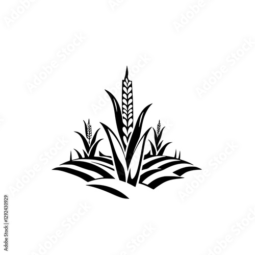 A stylized black-and-white illustration of crops growing wheat field.