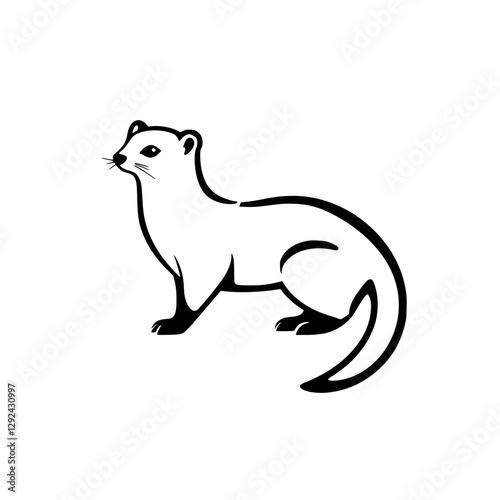 A minimalist black and white illustration of a weasel standing sideways on a white background.