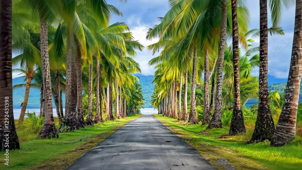 Scenic palm tree lined road leading to a tranquil beach under a cloudy sky