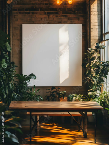 enormous blank horizontal board closeup shot front view indoor new york city office plants warm mood editorial photography