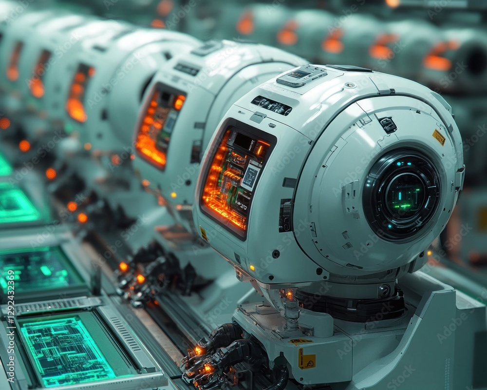 Futuristic Robotic Assembly Line in Automated Factory with Conveyor Belt System Futuristic Robotic Assembly Line in Automated Factory with Conveyor Belt System