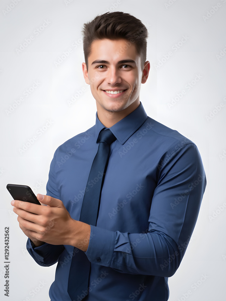A confident young businessman in a blue shirt and tie, using a smartphone for business communication. A confident young businessman in a blue shirt and tie, using a smartphone for business communication.