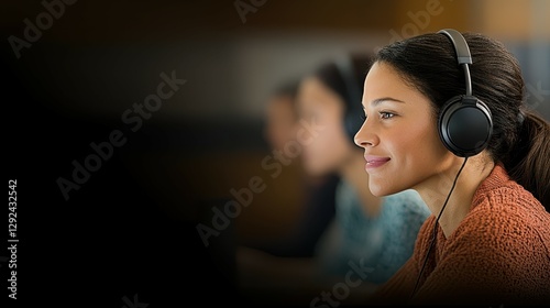A young woman is fully engaged in an online learning session, wearing headphones and smiling, in a contemporary environment with other learners in the background
