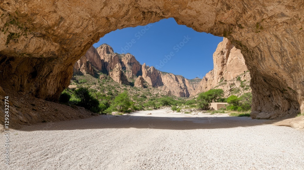 Fototapeta premium Canyon archway view, desert valley, mountains. Possible use Nature photography