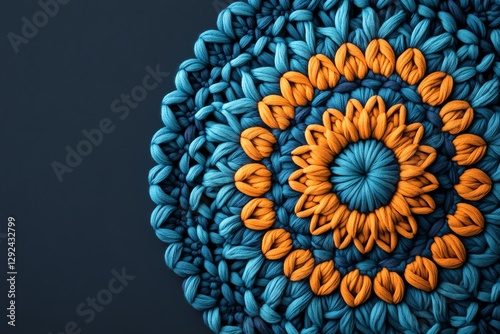 Colorful, handcrafted crochet textile art showcasing intricate patterns in blue and orange hues.