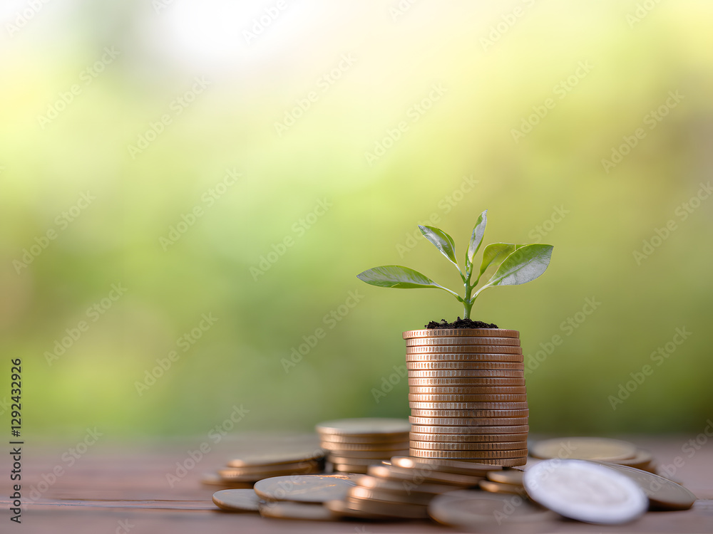 A symbolic representation of financial growth featuring a small plant sprouting from stacks of coins, illustrating wealth accumulation, investment success, and sustainable finance. A symbolic representation of financial growth featuring a small plant sprouting from stacks of coins, illustrating wealth accumulation, investment success, and sustainable finance.