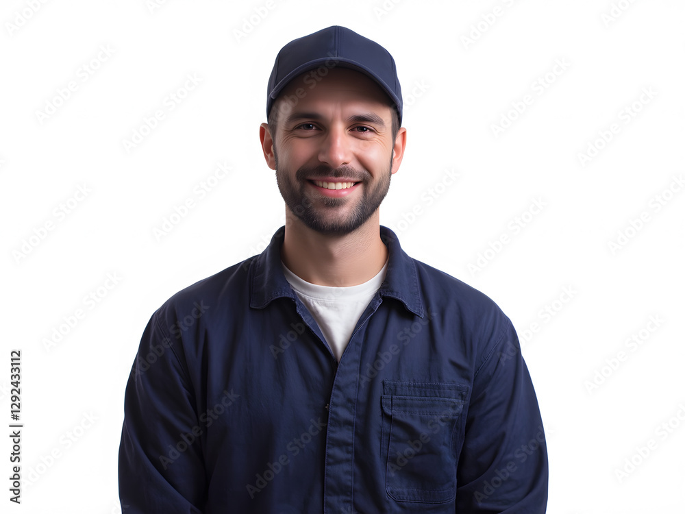 A friendly and professional worker wearing a uniform and cap, representing skilled trades, maintenance, and technical services. A friendly and professional worker wearing a uniform and cap, representing skilled trades, maintenance, and technical services.