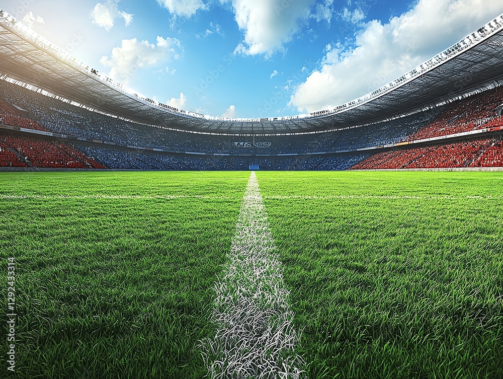 Fototapeta premium Empty Stadium with Green Grass Field and Blue Sky Above