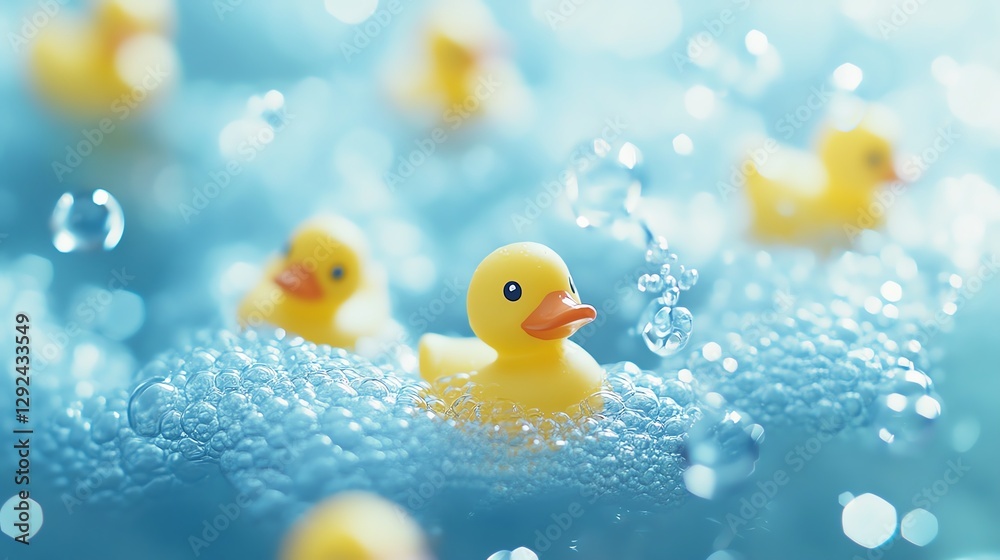 A playful scene featuring several yellow rubber ducks floating in bubbly blue water, creating a cheerful and whimsical atmosphere. A playful scene featuring several yellow rubber ducks floating in bubbly blue water, creating a cheerful and whimsical atmosphere.