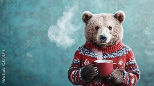A cozy bear in a festive sweater holds a steaming cup, creating a playful and warm winter atmosphere.