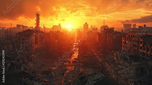 Ruined Cityscape at Sunset After Catastrophe